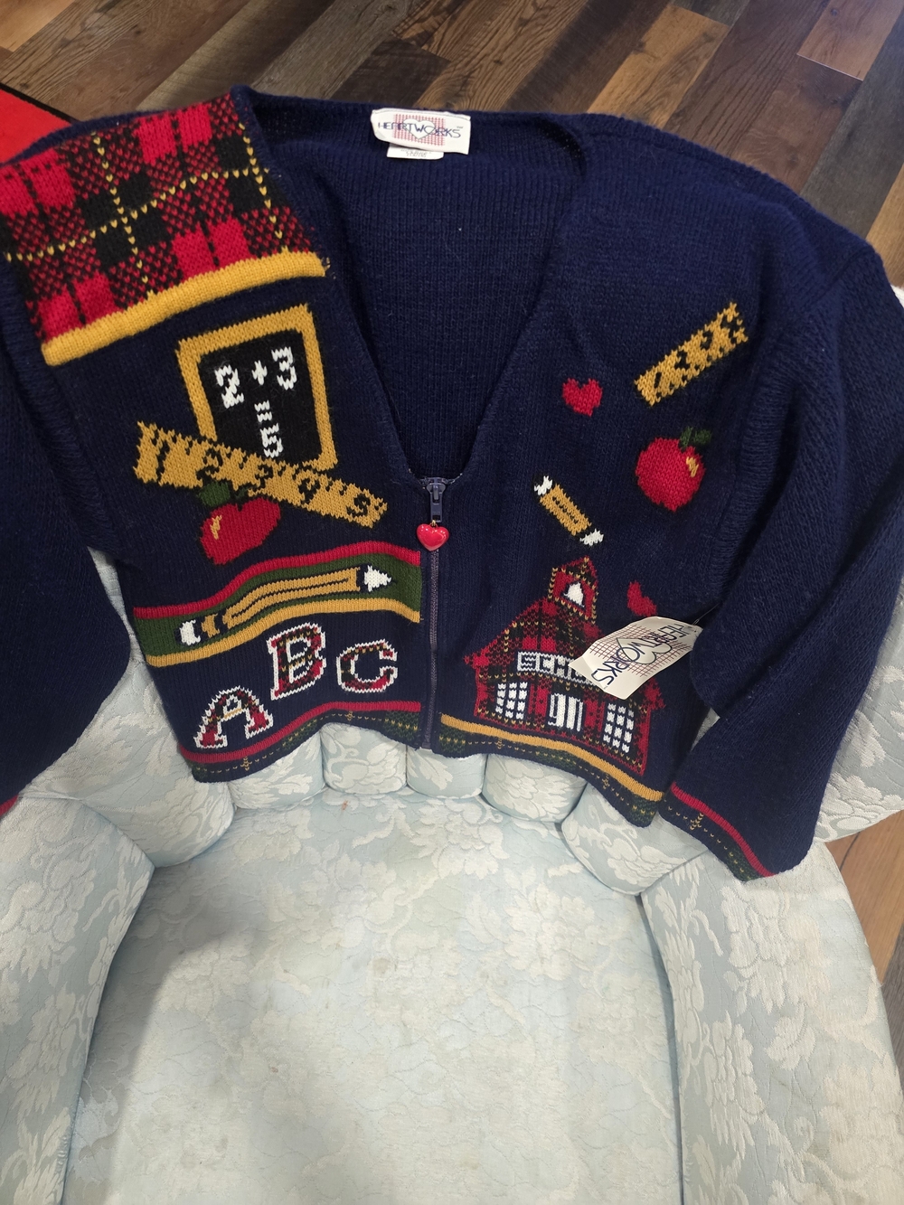 Vintage Heartworks Navy Kids School-Themed Preppy Zip Cardigan Sz L NWT